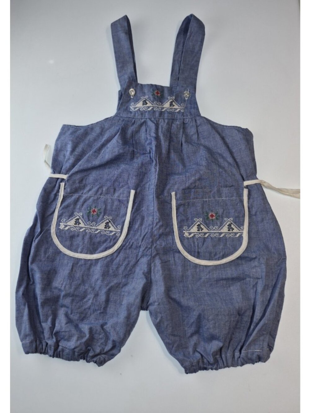 Vintage Handmade Baby Romper Chambray Cross Stitch Embroidery Bloomer Overalls